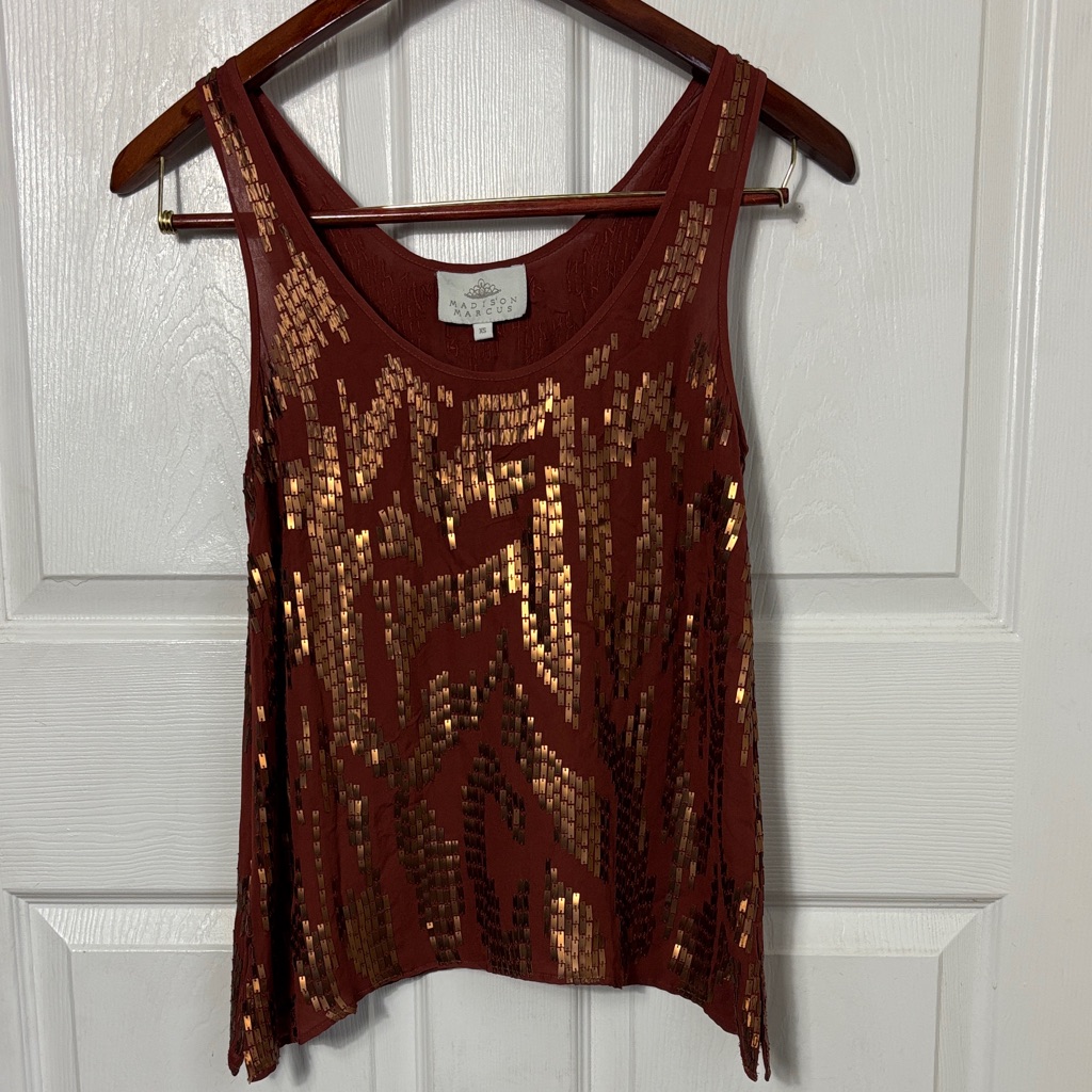 Madison Marcus Brown Silk Gold Bronze Sequins Sleeveless Top Size Xs Party